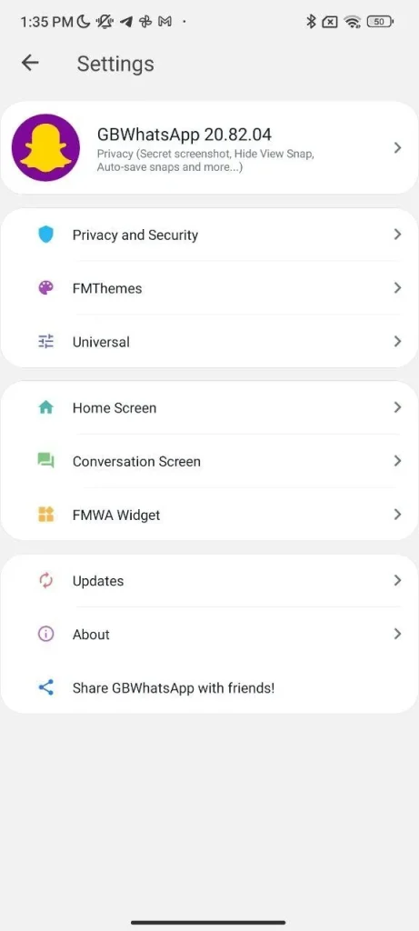 Menú de configuración de GB WhatsApp